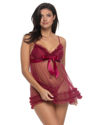 Jezebel by Felina Veil Tulle Ruffle Babydoll & Mesh G-String Set