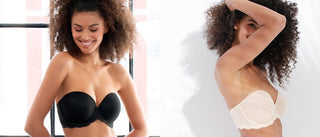 Two images that are merged together, with the person on the left wearing a black strapless bra, and the person on the right wearing a white strapless bra. 