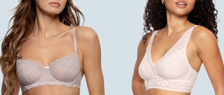 Two images that are merged together, with the person on the left wearing a light gray bra, and the person on the right wearing a white bralette.