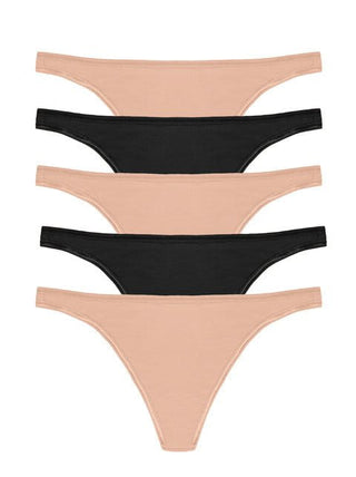 A five-pack of underwear, alternating between beige and black. 