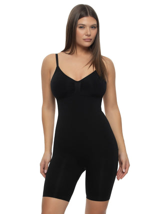 Victoria A woman wearing a black short style seamless bodysuit.