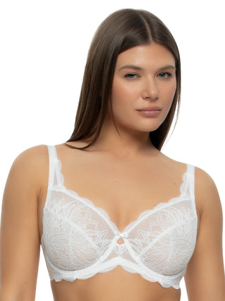 Victoria - Woman wearing a white lace bra on a white background